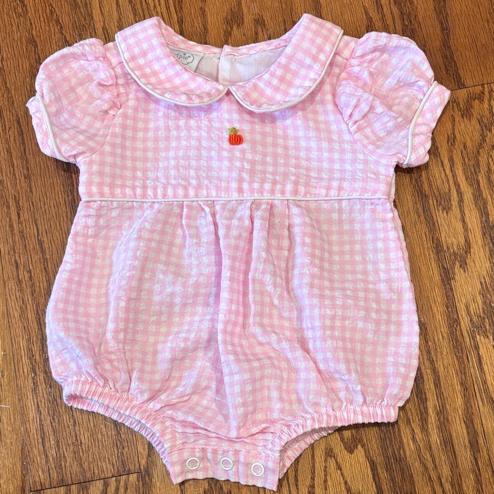 Mud Pie Pink Gingham Baby One-Piece with Pumpkin Embroidery